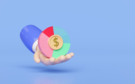 3d pie chart in hands with coin dollar, analysis business financial data. business strategy concept, 3d render illustrationの写真素材