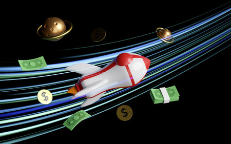 rocket with banknote stack, coin dollar money, stars. currency values soar like rockets in the sky....