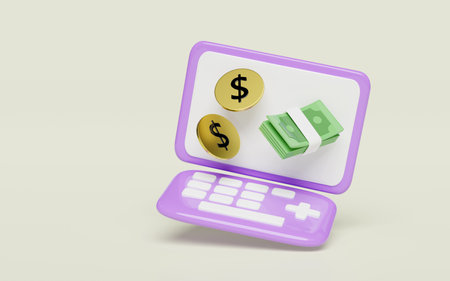 3d purple laptop computer monitor with coin dollar money, banknotes stack isolated. minimal concept, 3d render illustrationの写真素材
