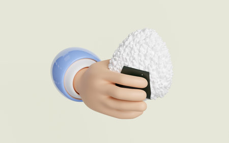 3d hand hold onigiri japanese food isolated concept, 3d render illustrationの写真素材