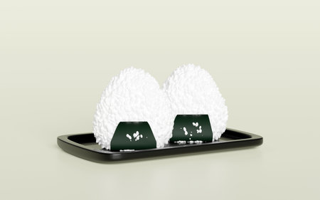 3d onigiri on food tray, japanese food isolated concept, 3d render illustrationの写真素材