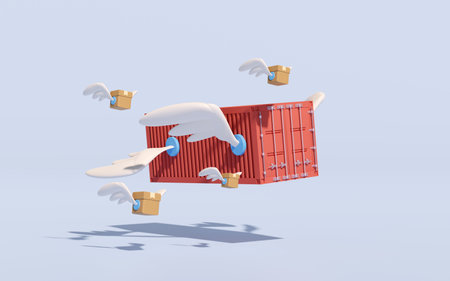 shipping container fly with goods cardboard box, wing isolated on blue background. express delivery...