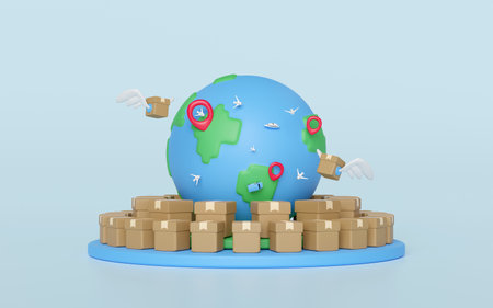 3d goods cardboard box with wing, globe on podium, pin isolated on blue background. express delivery route, worldwide shipping concept, 3d illustration renderの写真素材