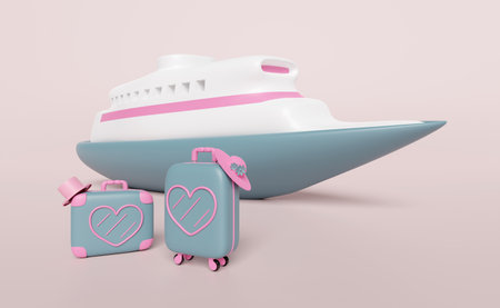 3d close suitcase with heart shaped pattern, hat, cruise ship isolated on pink background. summer travel concept, 3d render illustrationの写真素材