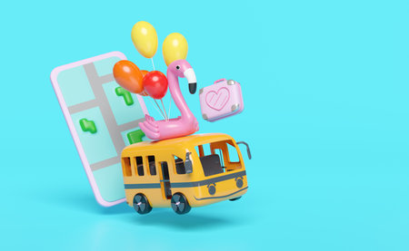 3d mobile phone or smartphone with bus, map, luggage, balloons, flamingo, tree isolated on blue...