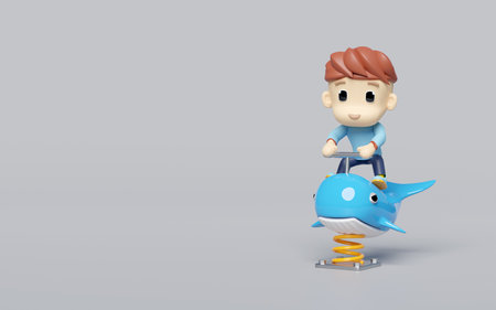 Playground whale spring rider with boy isolated on grey background. 3d render illustrationの写真素材
