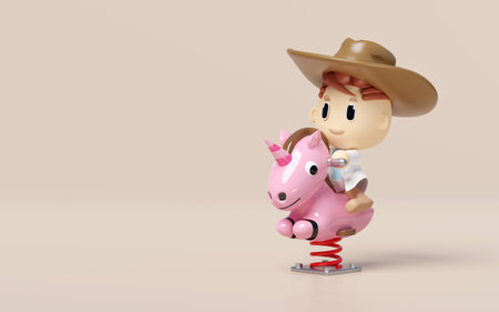 Playground unicorn spring rider with boy isolated on pink background. 3d render illustrationの写真素材