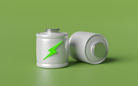 alkaline battery charge indicator with thunder isolated on green background. charging battery technology concept, 3d illustration renderの写真素材