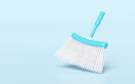 3d cleaning broom short isolated on blue background. cleaning tool equipment, 3d illustration renderの写真素材