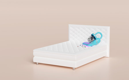 3d electrical vacuum cleaner on bed isolated on pink background. sucking up dirt and killing germs, get rid of dust mites concept, 3d illustration renderの写真素材