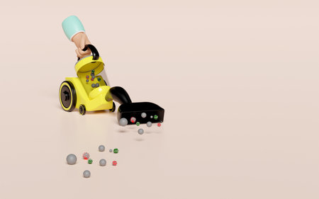 3d hand holding electrical vacuum cleaner for sucking up dirt isolated on pink background. 3d illustration renderの写真素材