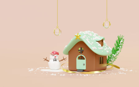 3d green house with snowman, snow globe, pine leaves, snowflake isolated on pink background. merry christmas  and festive New Year concept, 3d illustration renderの写真素材