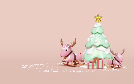 3d rocking deer with gift box, christmas tree isolated on pink  background. merry christmas and happy new year, 3d render illustrationの写真素材
