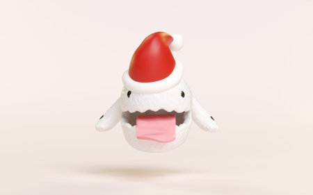 3d cute monster, white cute ghost with santa claus hat isolated on cream background. 3d render illustrationの写真素材