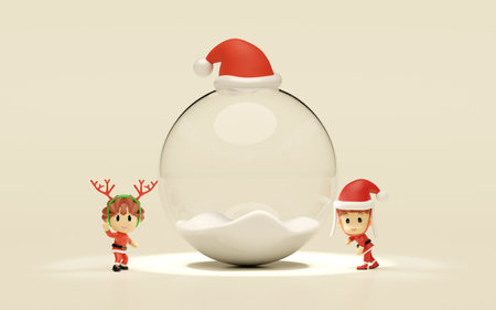 3d snow globe glass transparent empty with santa claus girl boy isolated on beige background. poster or happiness cards, merry christmas, festive New Year concept, 3d render illustrationの写真素材