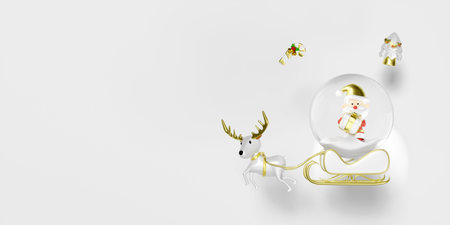 3d Santa Claus holding gift box in snow globe glass transparent on sleigh with reindeer isolated on white background. happiness cards, merry christmas, festive New Year concept, 3d render illustrationの写真素材