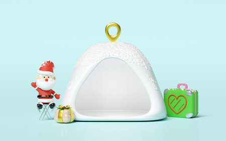 3d tent with santa claus sitting on folding chair, suitcase, pin, gift box isolated on blue...