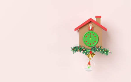 Cuckoo Clock with elves, santa claus, decorated branches of pine trees, jingle bell, coin isolated...