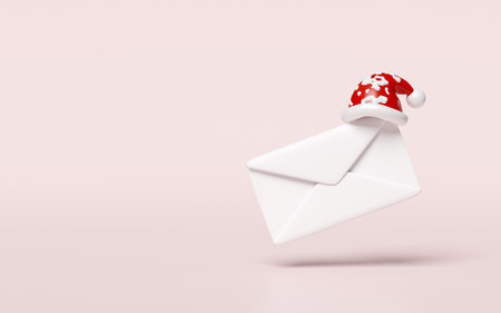 envelope with Santa Claus hat isolated on pink background. happiness cards, merry christmas, festive New Year, 3d render illustrationの写真素材