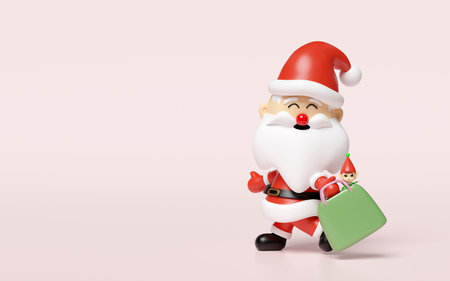 3d santa claus holding shopping paper bag with Elf isolated on pink background. happiness cards, merry christmas, festive New Year, 3d render illustrationの写真素材