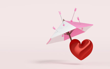 3d Cute valentine red heart protect with arrow, umbrella isolated on pink background. Happy...