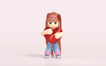 3d girl hugging heart isolated on pink background. Happy valentine's day, health love or world heart...