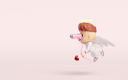 3d cupid flying holding binoculars with bow, arrows isolated on pink background. Happy valentine's...