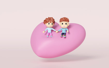 Girl and boy sitting on a big heart shaped pillow isolated on pink background. Happy valentine's day...