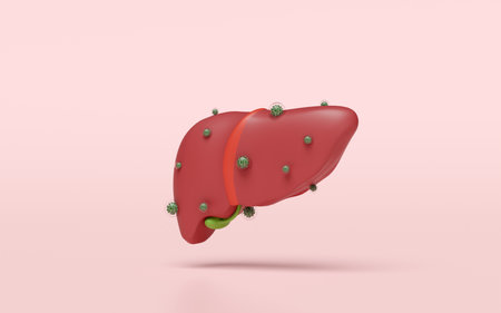 3d realistic human liver with hepatitis virus infection isolated on pink background. liver, gallbladder structure, organs concept, 3d illustration renderの写真素材