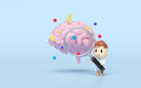 3d human brain icon with doctor holding a magnifying glass isolated on blue background. health check...