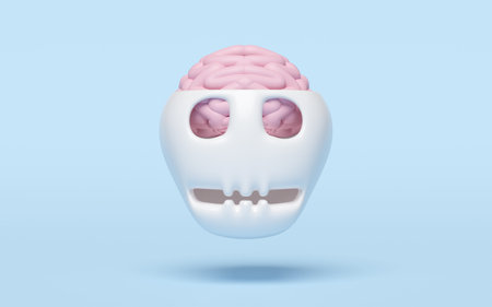 3d pink brain with open skull isolated on blue background. brain health check concept, 3d illustration renderの写真素材