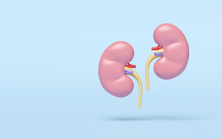 3d kidney human realistic isolated on blue background. world kidney day concept, 3d illustration renderの写真素材