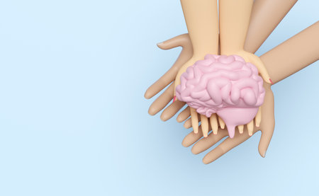 3d cartoon woman and man hands holding brain human realistic isolated on blue background. health...