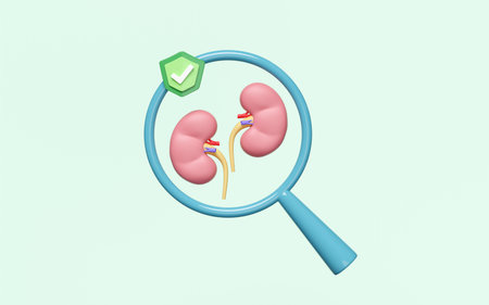3d human kidney with magnifying glass, shield, check mark isolated on green background. health...