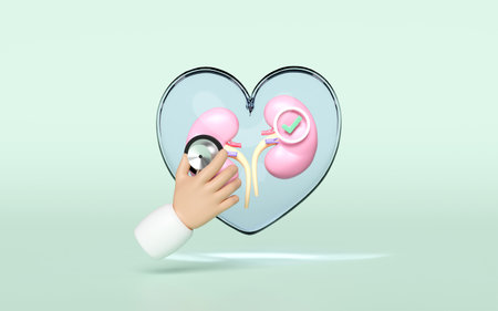 Doctor hand holding stethoscope with human kidneys in transparent heart, check mark isolated on...