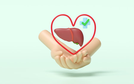3d hands holding realistic human liver with heart, cross, check mark isolated on green background. check liver health, health love, world hepatitis day concept, 3d illustration renderの写真素材