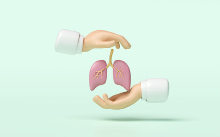 3d doctor hands protecting lung isolated on green background. world pneumonia day, check lung health, organs concept, 3d illustration renderの写真素材