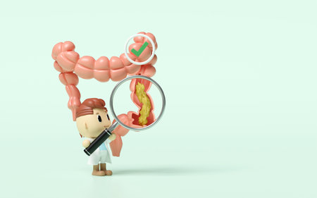 3d human colon cross section with waste in the intestine, doctor hand holding magnifying glas, check...