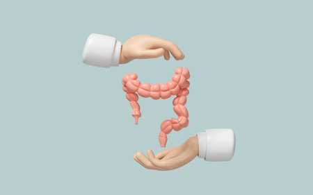 3d doctor hands protecting colon isolated on green background. check colon health, organs concept, 3d illustration renderの写真素材
