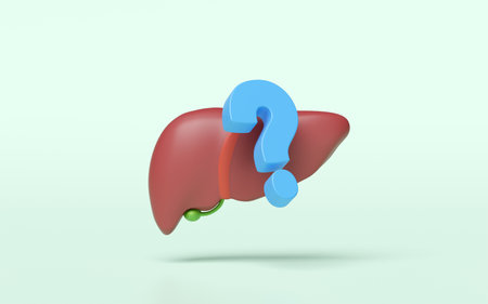 3d realistic human liver with question mark isolated on green background. check liver health concept, 3d illustration renderの写真素材