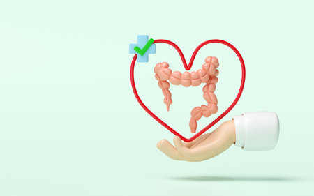 3d hands holding  colon with heart, cross, check mark  isolated on green background. check colon health, constipation concept, 3d illustration renderの写真素材