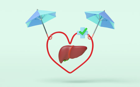 3d umbrella protecting liver with heart, cross, check mark isolated on green background. check liver health, health love, world hepatitis day concept, 3d illustration renderの写真素材