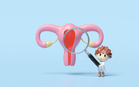 3d human uterus with doctor hand holding magnifying glass isolated on blue background. check uterus health concept, 3d illustration renderの写真素材