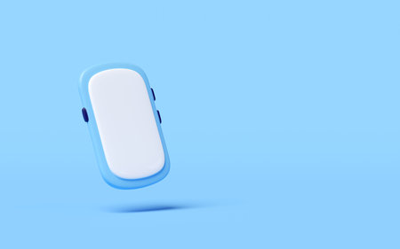 3d smartphone, mobile phone cartoon isolated on blue background. screen phone template, empty cellphone mockup, minimal concept, 3d render illustrationの写真素材