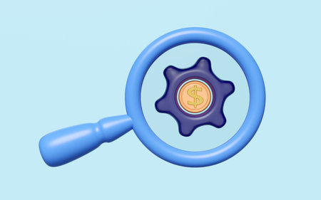 3d cartoon magnifying glass with dollar coins in gear icon isolated on blue background. find money and work ideas, 3d illustration renderの写真素材