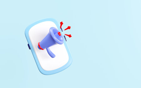 3d megaphone or loudspeaker, hand speaker icon with smartphone isolated on blue background. announcement alert concept, 3d render illustrationの写真素材