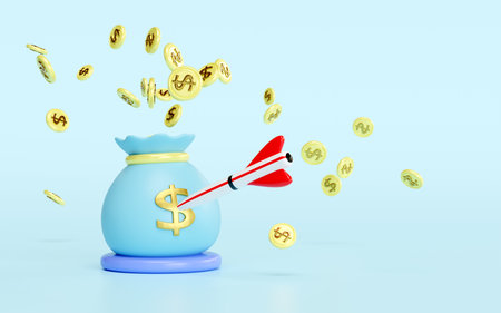 3d money bags with darts or arrow, exploding dollar coins isolated on blue background. Business...
