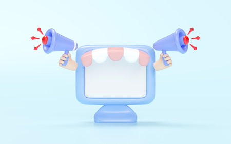 3D Computer monitor store front with hand holding megaphone isolated on blue. announce promotion...