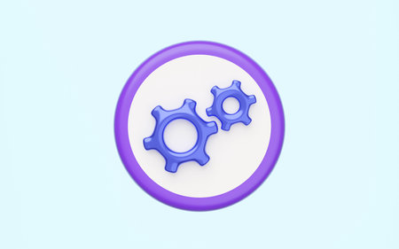 3d gear icon with circle isolated on blue background. minimal design, cartoon style. 3d render illustrationの写真素材
