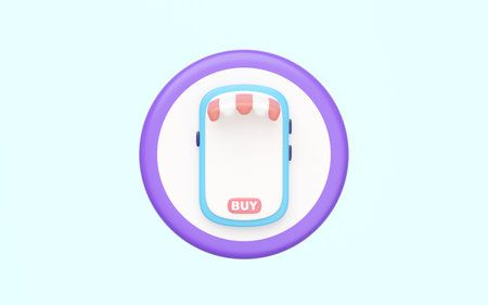 3D mobile phone store front with circle isolated on blue. Ideal for online shopping concepts. Minimal and modern design.の写真素材